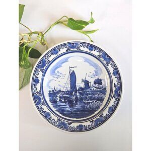 Vintage Blauw Delft Plate, Dutch Delft Blue Windmill Plate with Wall Hanging